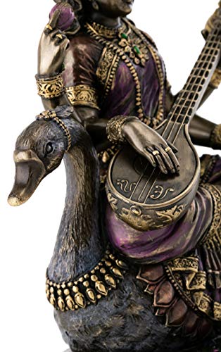 Estatua Saraswati Sentada en Cisne de Bronce 8.5 Pulgadas miniatura 5