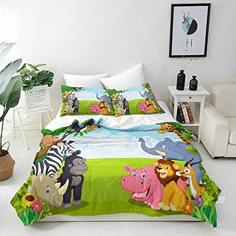 ANHOPE Safari Animal Duvet Cover Set 3 Piece Bedding Set with Zoo Giraffe Elephant Lion Print Pattern Soft Comforter Cover with 2 Pillowcases Quilt Cover with Zipper for Kids Boys Girls Double Size Cover