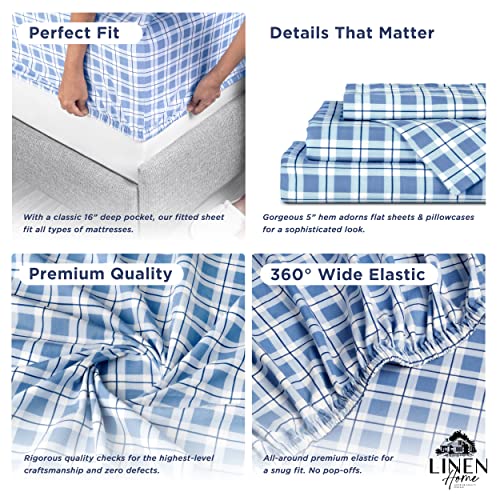 Image of Linen Home Cotton Lyocell Blend Percale Sheet Set Twin Size - 3 Piece Deep Pocket Bedding, Pre-Washed & Shrunk, Crisp Cooling Fabric, Fade-Resistant, Hotel Luxury, Wrinkle-Free - Checks Denim Blue