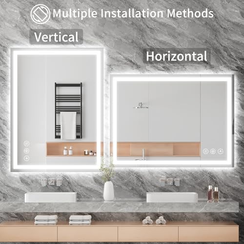 Image of Koonmi 36x48 LED Bathroom Mirror, Backlit + Front Lit, LED Bathroom Mirror with Lights for Wall, 3 Colors, Anti-Fog, Dimmable Brightness, Memory Function, Tempered Glass