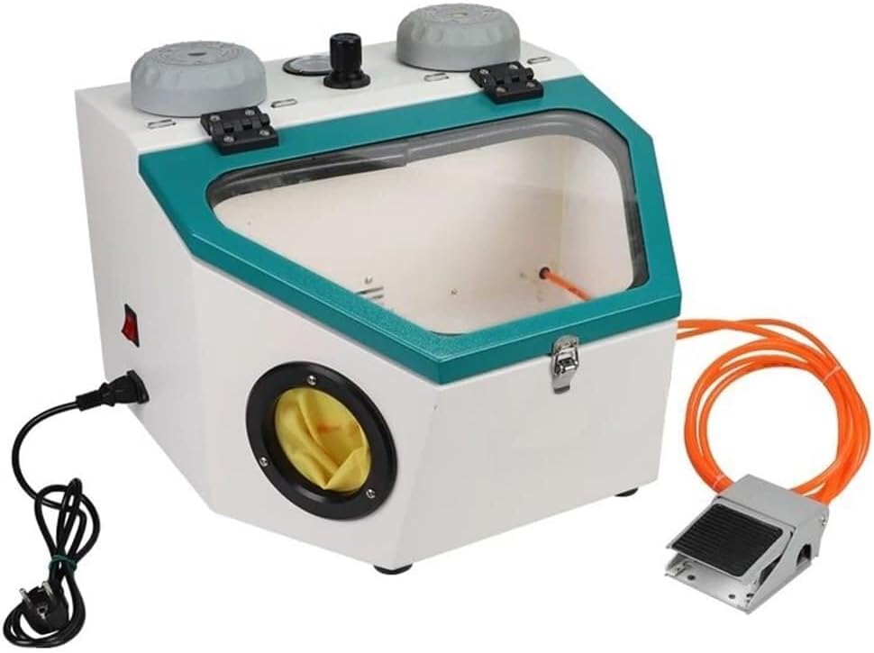 Bench Top Sandblasting Cabinet,Air Pressure Adjustable,Double Pen Dental Sand Blasting Machine with LED Light and Foot Switch,Widescreen Glass Panel