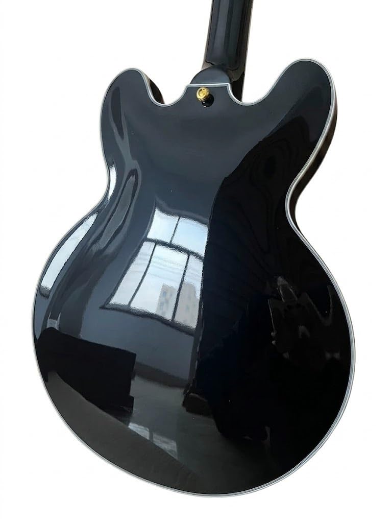 Chitarra elettrica a corpo semi-cavo, nera classica con fori a F e doppi humbucker, 6 corde full size for jazz blues rock (Guitarra elettrica)