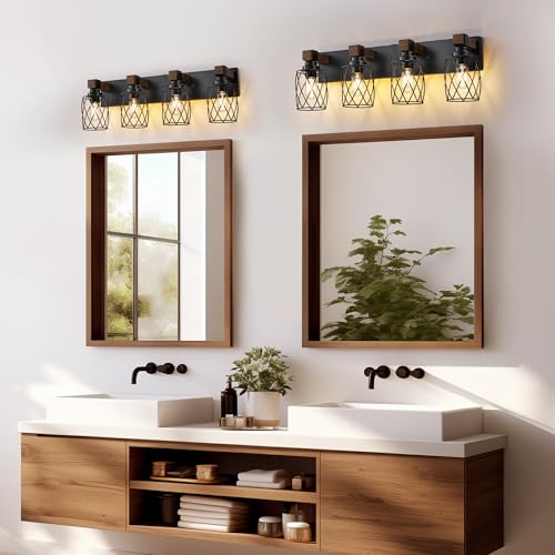Image of Farmhouse 4-Light Wood Bathroom Vanity Light, Black Metal Cage Shade | Mounted Over Mirror, Industrial Rustic Style, Ideal for Bathroom, Bedroom, Hallway & Living Room, Easy To Install