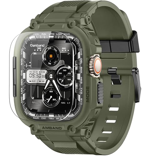 Image of amBand Bands Case Screen Protector Compatible with Apple Watch Ultra 3 /2 /1 49mm, M1 Sport Series Rugged Cover Strap and 9H Tempered Glass Film, Protective Bumper for iWatch 49 mm Men Army Green