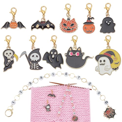 BENECREAT 11Pcs Halloween Theme Stitch Marker Charms, Golden Alloy Enamel Charm Locking Stitch Markers, Acrylic Number Knitting Row Counter Chains with Claw Clasps for Knitting Weaving Sewing