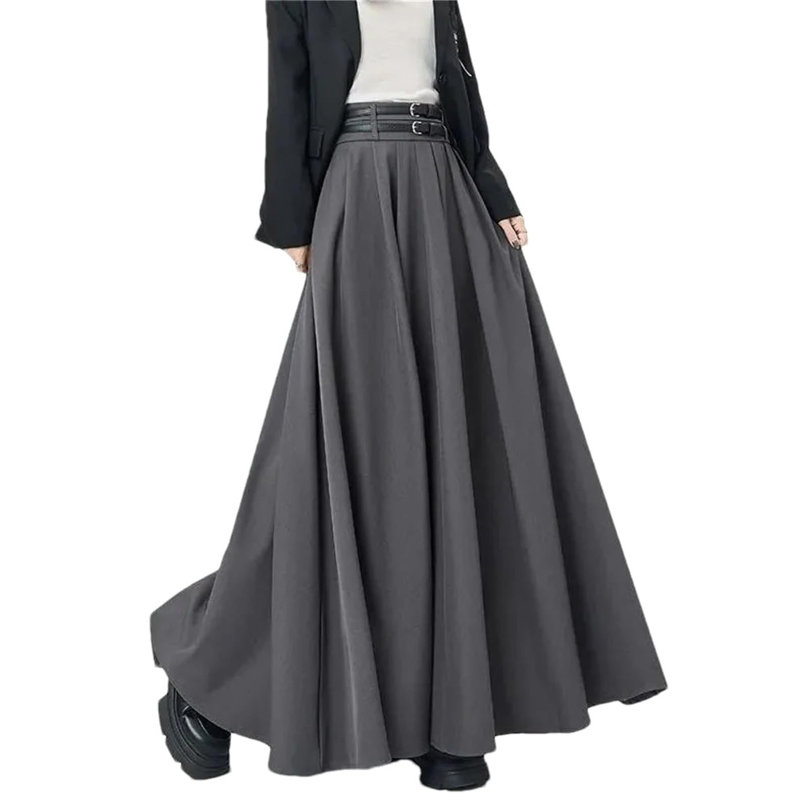 Womens High Waist Ruffled Pleated Loose Flowing Casual Street Style Double Belt Skirt