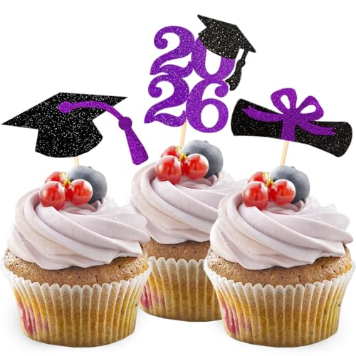 Image of Class of 2026 Glitter Graduation Cupcake Topper, Food /Appetizer Picks for Graduation Party (Purple)