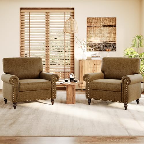 Image of Nailhead Trim Accent Chairs Set of 2,Faux Leahter Mid Century Modern Living Room Arm Chairs,Comfy Bedroom Reading Chair for Adults,Cozy Single Sofa Corner Side Room Chair,Vintage Brown