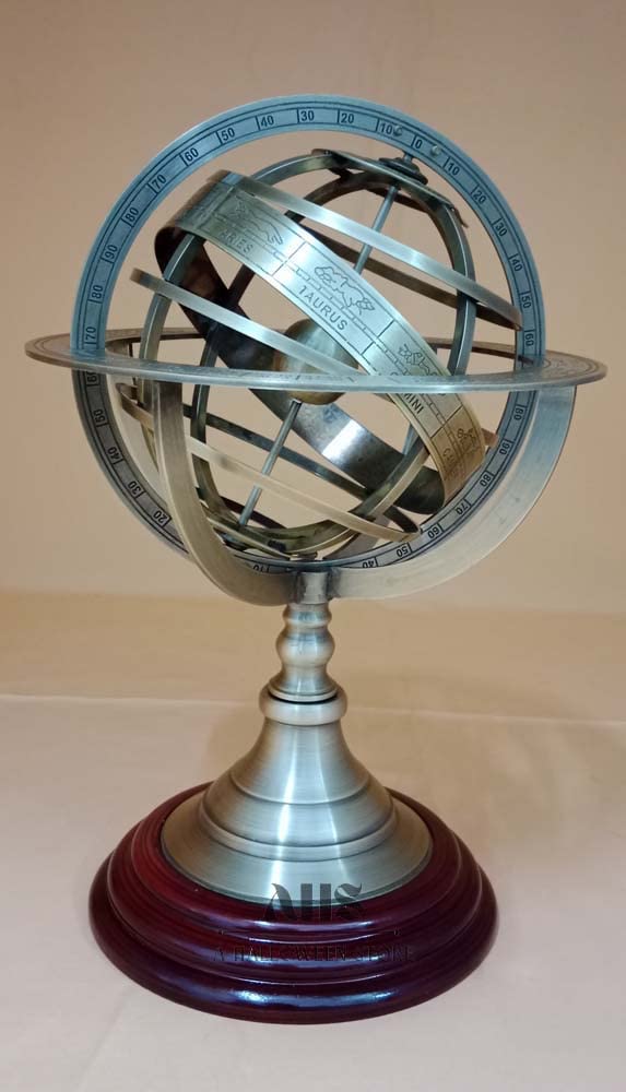 A HALLOWEEN STORE Handmade Celestial Engraved Zodiac Table Top Decor Brown Antique Brass Armillary Sphere Globe Gift