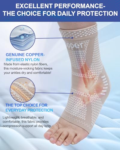 Image of LISEPWU Copper Ankle Brace, Copper Infused Ankle Support Compression Sleeve for Men & Women, for Foot Pain Relief, Sprained Recovery, Achilles Tendonitis, Daytime or Night Use(Skin White XL)