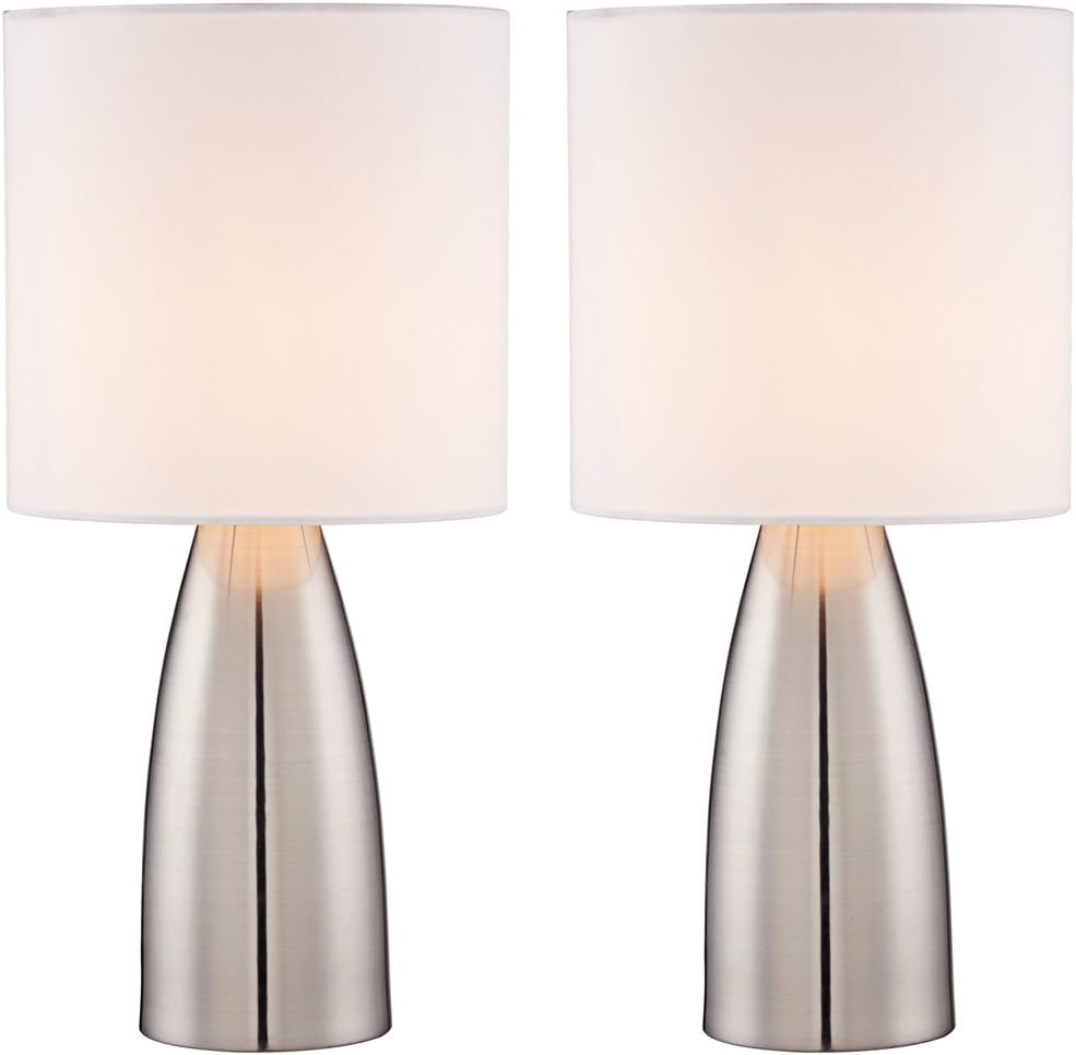 360 Lighting Aron Modern Accent Table Lamps 14 1/2" High Set of 2 Silver Metal Tapered Column White Fabric Drum Shade Touch On Off for Bedroom House Bedside Nightstand Home Office Family