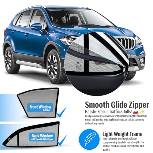 Image of Autofact Magnetic Car Sunshades Compatible with Maruti Scross (Set of 4) - Easy Installation, UV Protection, Keeps Car Cool (Front 2 Half-Cut for Side Mirror Visibility, Rear 2 with Zippers)