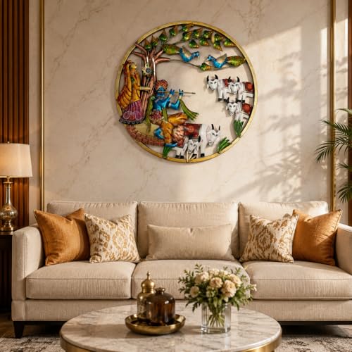 Image of iHandikart Krishna Radha Metal Wall Art for Living Room | Handmade Round Wall Sculpture with Peacock & Cow Design | Traditional Decorative Wall Hanging for Home, Bedroom, Hall & Office | 25 * 25 Inch