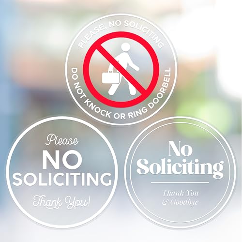 Image of ExcelMark No Soliciting Window Stickers - 2.75 inch Round Transparent Vinyl Sticker Sign - Select From Sticky Front or Sticky Back For Interior or Exterior Use - 3 Designs (Interior)