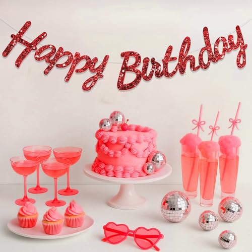 Image of Rozi Decoration Red Glitter Cursive Happy Birthday Banner -Sparkle Letter Garland for Birthday Decoration, Reusable Paper Cardstock Hanging Banner for Kids, Adults, Boys & Girls, (Pack of 1 Set)