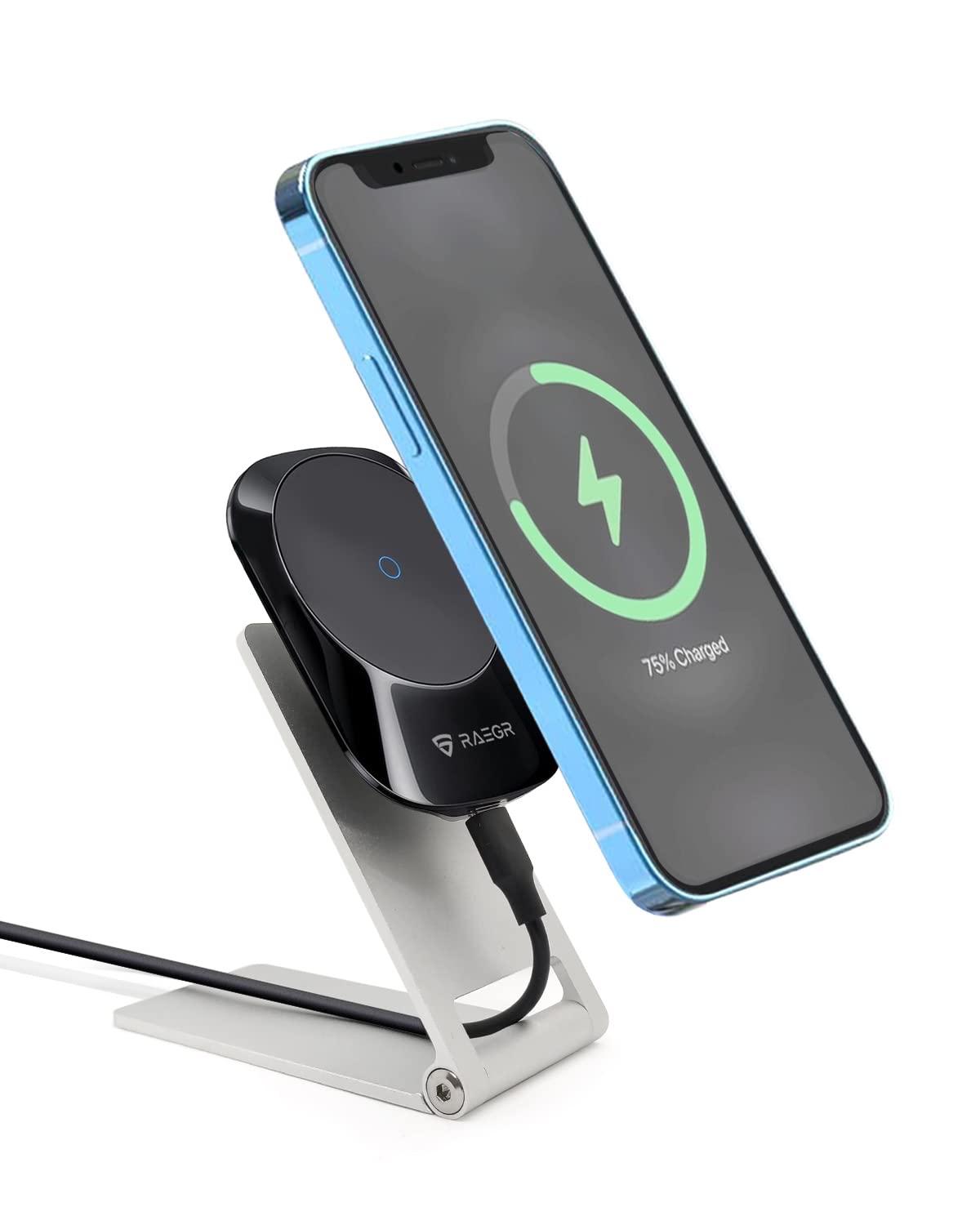 RAEGR MagFix Arc M1450B 15W Magnetic Wireless Charger with Foldable Magnetic Stand Holder Compatible for iPhone 15/14/13/12 Series, Strong Magnetic Force Adhesive Type Foldable Aluminum Stand -Black