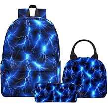 Lightning Printed Backpack Set for Boys Kids, 3Pcs Bookbag with Pencil Case for Back to School, 17 Inch Lightweight Laptop Backpack with Lunch Bag for Mens Teens Office, High School