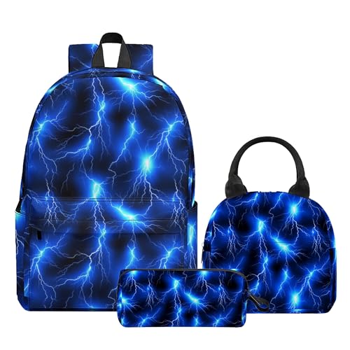 Image of Lightning Printed Backpack Set for Boys Kids, 3Pcs Bookbag with Pencil Case for Back to School, 17 Inch Lightweight Laptop Backpack with Lunch Bag for Mens Teens Office, High School