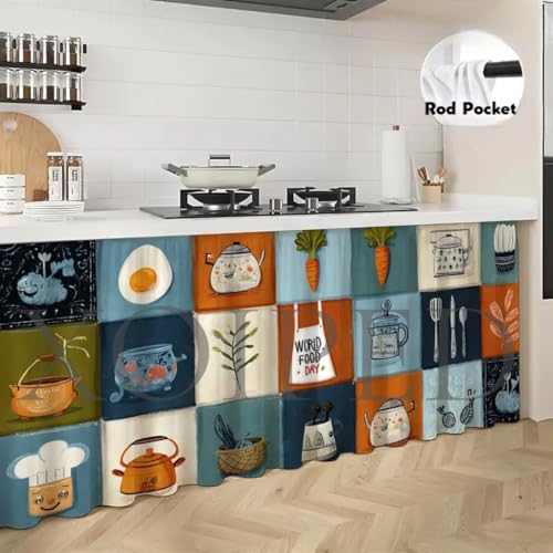 Image of Premium Printed Kitchen Sink Curtain | Washable & Dustproof Rod Pocket Counter Skirt | Perfect for Any Sink,Counter | Multicolor Cooking Theme for Home & Kitchen (150cm X 70cm) (1, Kitli)