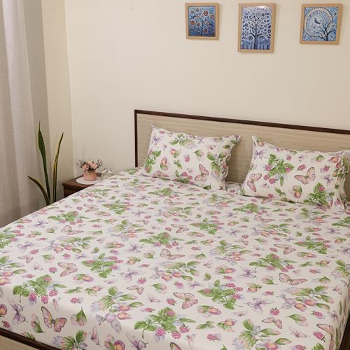 Image of King Size Bedsheet - Butterfly Meadow Print - 108x108 Inches - Ultra Soft Brushed Microfiber Flat Sheet with Pillow Covers - Cooling, Lightweight, Wrinkle & Fade Resistant