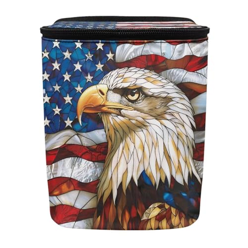 Image of Talayituse Eagle American Flag Print Car Trash Can Portable Auto Garbage Bin Multifunctional Vehicle Interior Accessories with Adjustable Straps Universal Fit Truck SUV Sedan