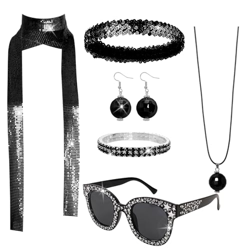 Gvhntk 6 Pcs 70s Women Disco Accessories Disco Costume Disco Sequin Scarf Headband Diamond Bracelet Ball Necklace Earring Glasses(Black)