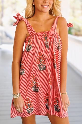 Image of Women Floral Tie Shoulder Mini Dress Cute Square Neck Loose Fit Beach Short Dress Backless Boho Vocation Sundress
