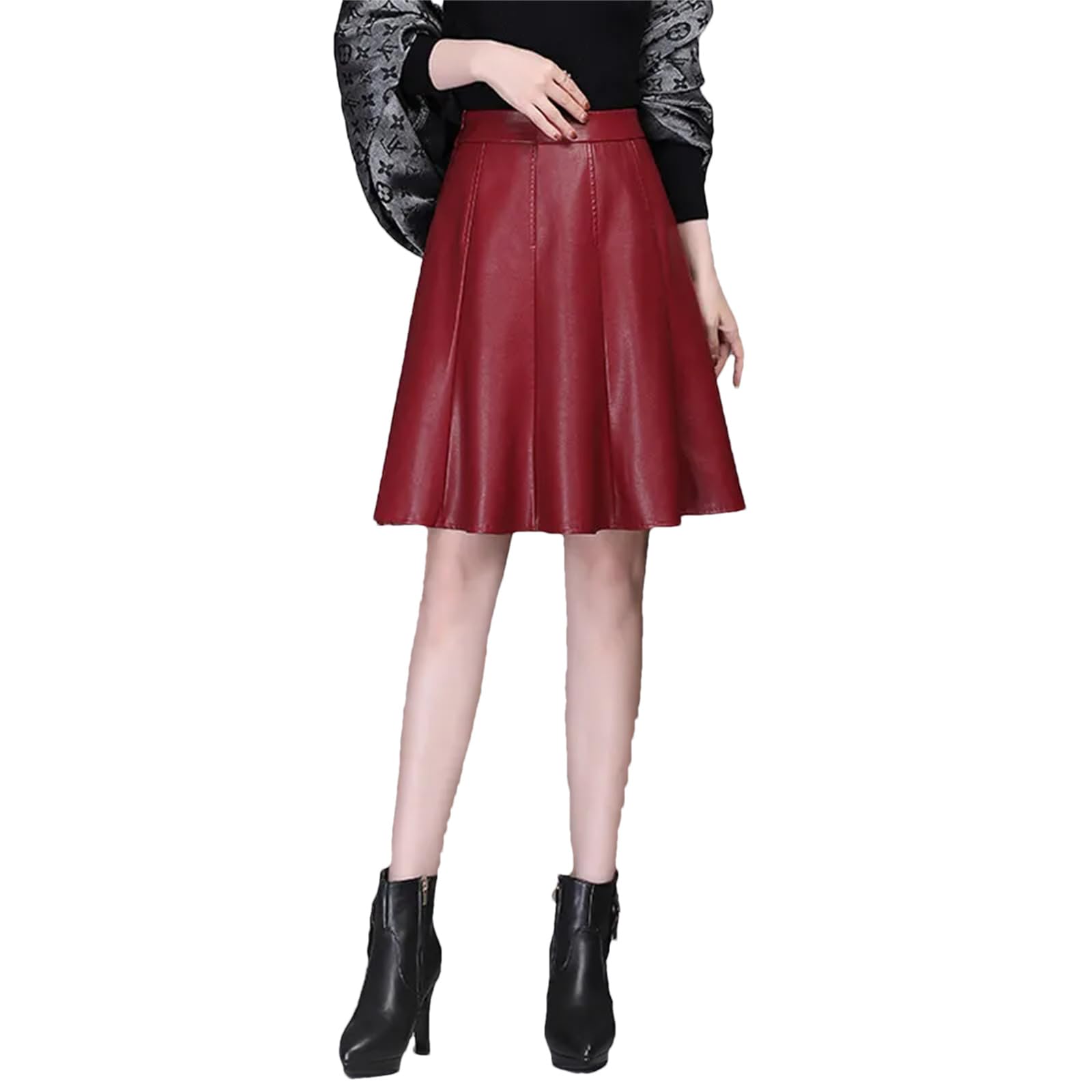 Falda corta de piel sintética para mujer, falda de cintura alta, falda elegante acampanada para mujer