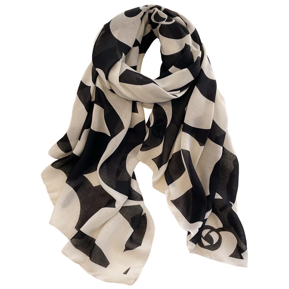First Choose Women's Black-Camellia Cotton Linen Feeling Large Long Scarf Shawl Check Style Sunscreen Shawls Wraps Lightweight Pattern, Large