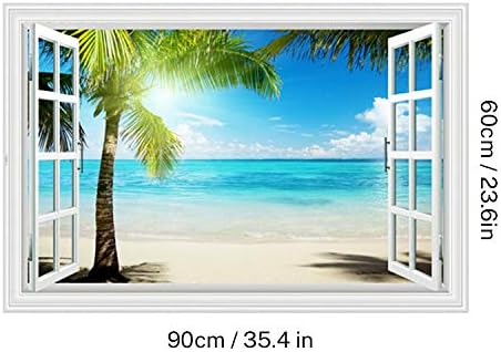 Lichi 3D Fake Window Wall Sticker Mural Decal of Beach Coconut Tree View Scenery Sunshine, Yellow - Image 4