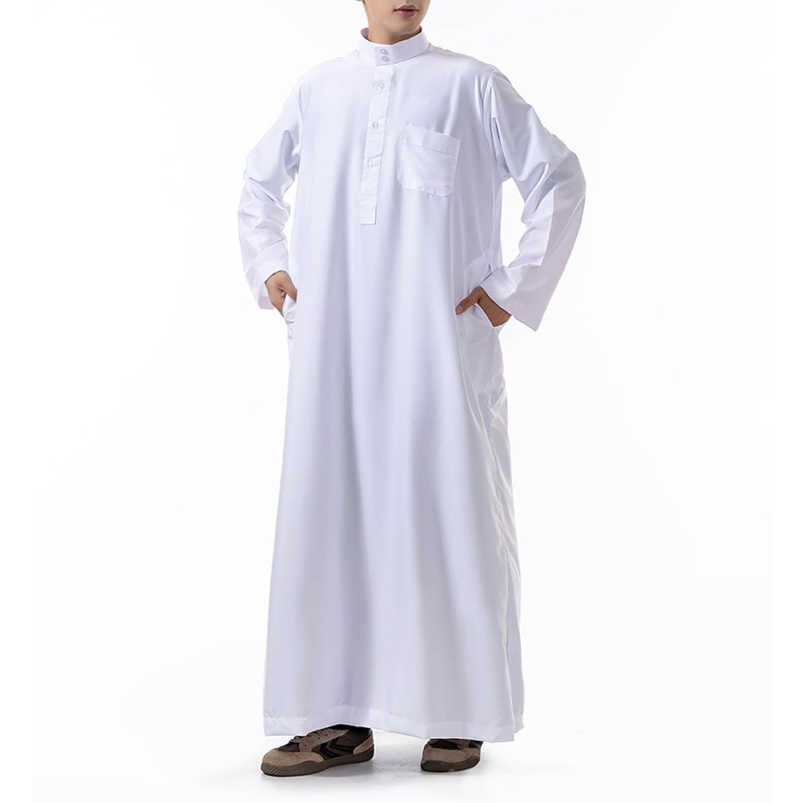 pvucpot Kaftan Marocchino,Abaya Uomo a Maniche Lunghe con Colletto Alto,Caftano Uomo con Tasca, Vestito Musulmano Uomo,Vestito Arabo Uomo, Abito di Preghiera Islamico Ramadan,Regalo per Coppia Casual