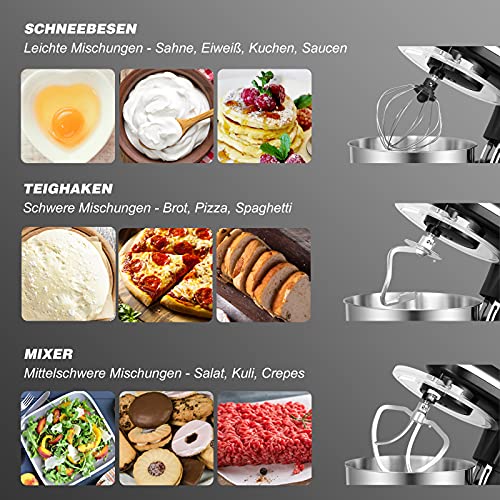COSVALVE Küchenmaschine Knetmaschine 1400W, 7L Edelstahlschüssel mit Rührbesen, Knethaken, Schlagbesen, Spritzschutz, 6 Geschwindigkeit mit Geräuschlos Teigmaschine (Schwarz) – Bild 5