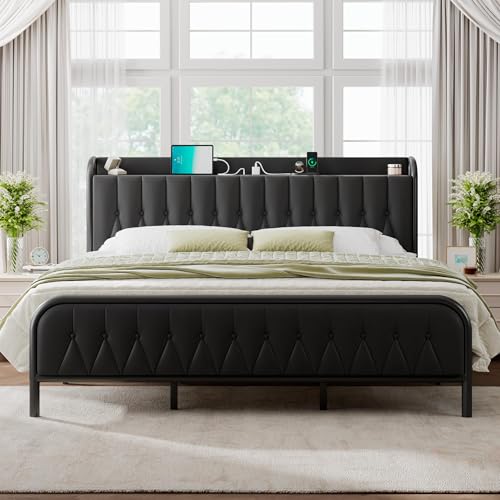 Leather King Size Bed Frame with Fast Charging Station,Metal Platform King Beds with Upholstered Headboard & Footboard,12