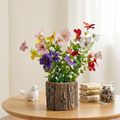 Image of Dekorly Artificial Multi Colour Fern Daisy Flower with Real Wooden Vase (28CM Overall Height) | Decorative Lifelike Faux Floral Plant in Rustic Tree Log Pot for Living Room(Daisy Fern)