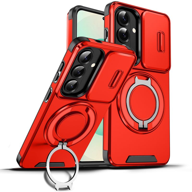 Image of LuxuryKase Shockproof Rugged Case for Samsung Galaxy S26 | Slide Camera Cover | 360 Rotating Ring Kickstand | Military-Grade Protection - Cherry Red
