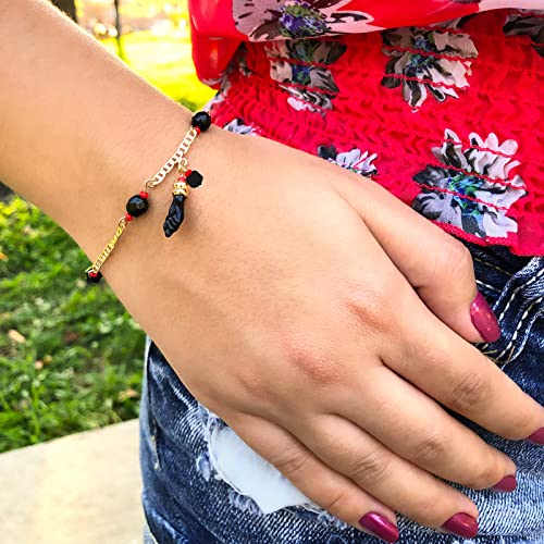 Image of Genuine Azabache Bracelet for Teen Girls and Petite Women, Jet Stone and Figa Hand Charm for Evil Eye Protection Mal de Ojo Good Fortune 14k Gold-Plated, 6.5 inch
