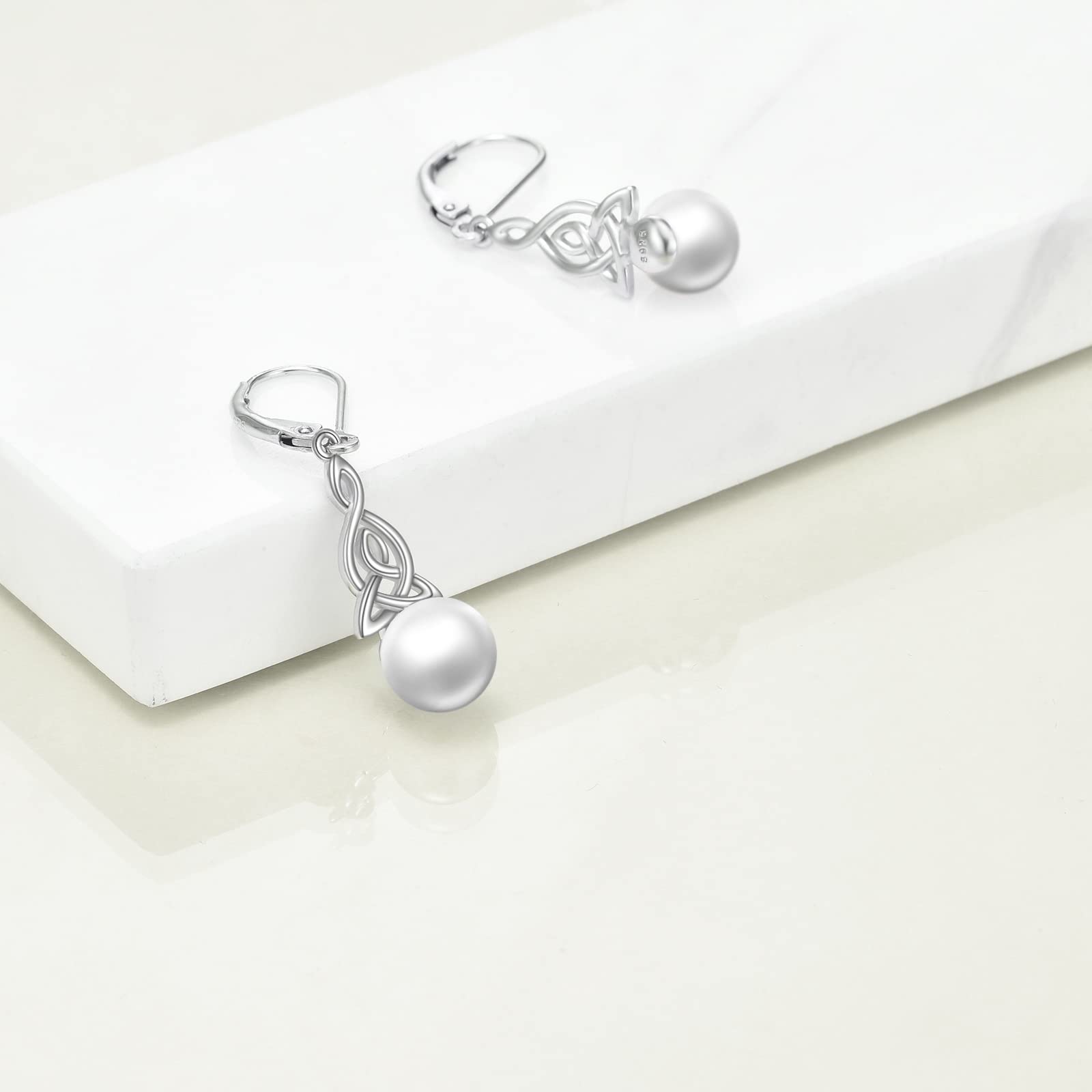 Perlen Ohrringe für Damen 925 Sterling Silber Irischer Keltischer Knoten Creolen Leverback Schmuck Geschenke für Mama Mutter Mädchen Freunde