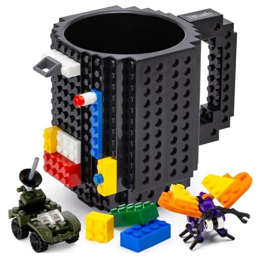 TOYAMBA Build on Brick Mug BPA-Free Funny Mug with 3 Packs of Building Bricks, Funny Cups for Kids - Creative Building Block Mug DIY Idea 16OZ (Black)