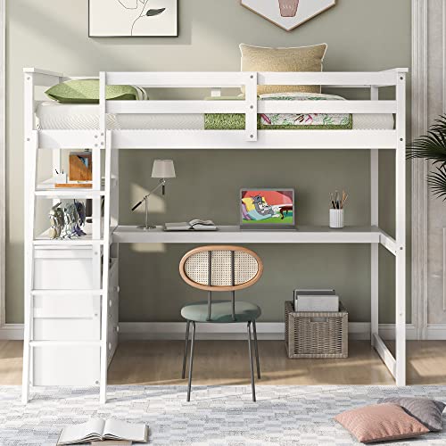 Biadnbz Twin Size Loft Bed With Desk And Shelves, Stylish Bedframe With Two Built-In Drawers For Kids Teens Bedroom,No Need Spring Box,White #TOP5