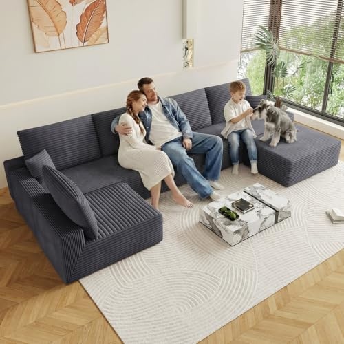 Image of Oversized Modular Sectional Sofa Couch,Large 6 Seater Corner Sofa Modern U Shaped Sectional Couch with Ottoman Cloud Couches for Living Room,Office,Spacious Space,Corduroy,No Assembly,Dark Grey