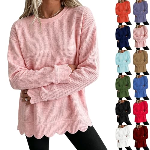 Women's Waffle Knit Tops Scalloped Hem Loose Fit Fall Crew Neck Pullover - image 1