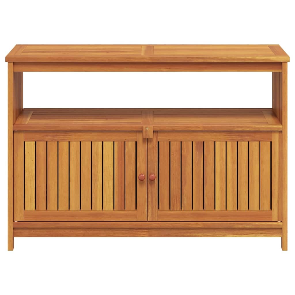 Stolik konsolowy z litego drewna akacjowego, 110 x 35 x 75 cm, stabilny drewniany stół z półką i półką z drzwiami zapewnia dużo miejsca do przechowywania, stół ogrodowy do wewnątrz i na