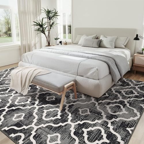 GlowSol Area Rug 5x7 Washable Rug Large Modern Trellis Rug Geometric Neutral Soft Grey Rug for Living Room Bedroom Dining Room Non Slip Stain-Resistant Carpet for Home Office Decor
