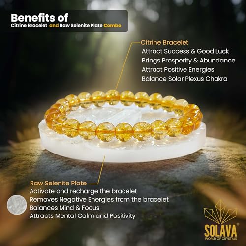 Image of SOLAVA Citrine Bracelet Original Certified with Selenite Plate | Yellow Citrine Crystal Stone Bracelet for Men & Women | Natural 8mm Beads for Money, Success & Energy Cleansing