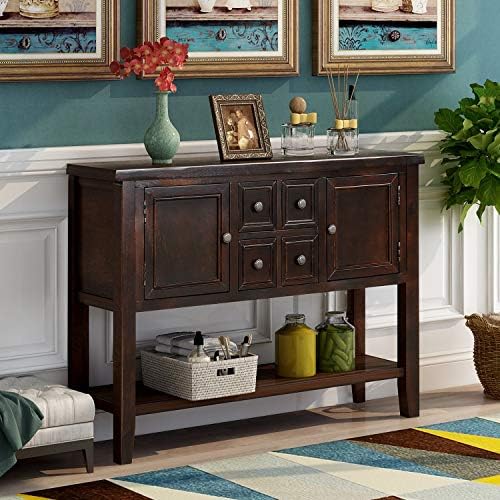 Knocbel Vintage Wood Console Table Buffet Sideboard with 4 Storage Drawers, 2 Cabinets & Bottom Shelf, Entryway Hallway Foyer Table Cupboard Coffee Bar Cabinet, 46" L x 15" W x 34" H (Espresso)