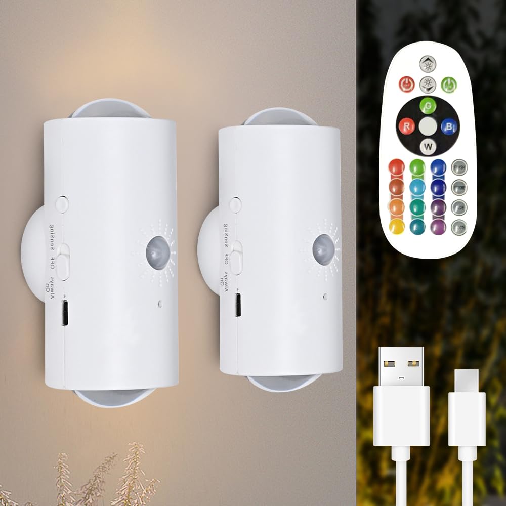 Hojalis 2PCS Motion Sensor Light Indoor, RGB Multi-Color Changing LED Wall Sconces with USB Cable & Remote Control, Rechargeable Wall Lights, 16 Color-Changing for Bedroom Corridor Living Room