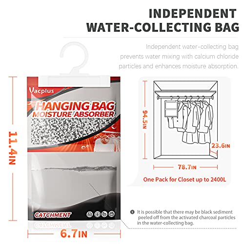 Image of Vacplus Moisture Absorber, 9.8 OZ Hanging, Strong Absorption, Charcoal | Closet, Enclosed Spaces, Bathroom, Odor Eliminator, Dehumidifier Bags, 10 Pack