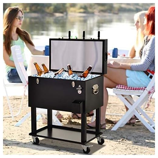 Outsunny 65L Patio Cooler Ice Chest with Foosball Table Top, Portable Poolside Party Bar Cold Drink Rolling Cart on Wheels with Tray Shelf