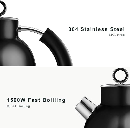 Miniatura 2 de ASCOT Hervidor eléctrico, hervidor de té eléctrico, hervidor de agua caliente, hervidor de acero inoxidable, 1.6L, 1500W, calentador de té retro y