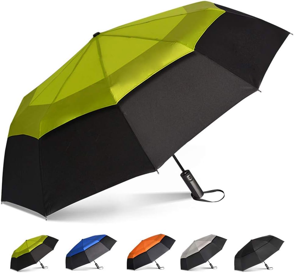 Brainstorming Automatic Windproof Umbrella Vented Sun&Rain Travel Umbrella with Double Canopy Collapsible Folding Umbrellas for Women Men, 47inch (Black &Light Green)